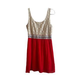 Lily Rose Dress Juniors XL Beige Crochet Top Red Skirt Lined A-Line Tank Vibrant